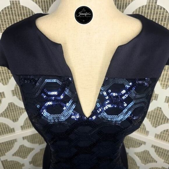 Connected Apparel Navy Blue Sequin Cap Sleeve Sheath Dress Size 14 - Picture 2 of 11